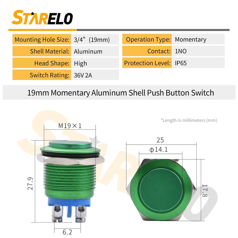 STARELO 19MM 3/4" Momentary Push Button Switch High Round 250V AC 5A 12V 36V DC 2A 1NO SPST Waterproof Aluminum Shell(Green). Green