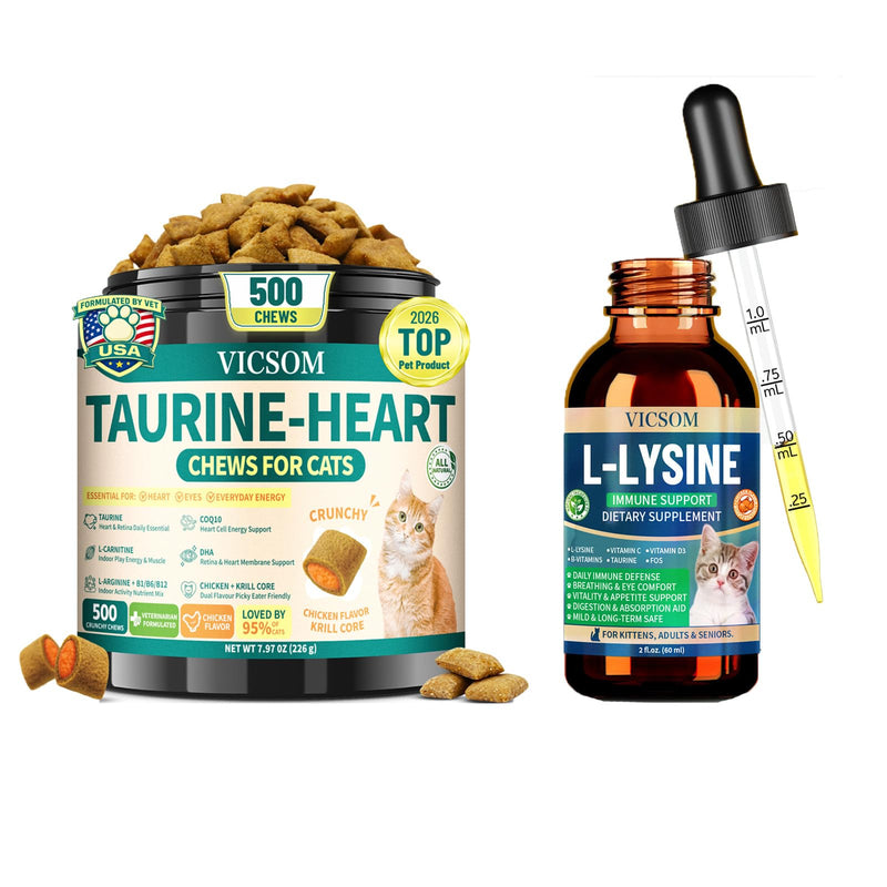 Taurine for Cats + L-Lysine for Cats Bundle, CoQ10 Heart, Eye & Nose Comfort Support, 500 Crunchy Chicken Chews with Omega-3 & L-Carnitine + 60 mL Cat Lysine Liquid Drops