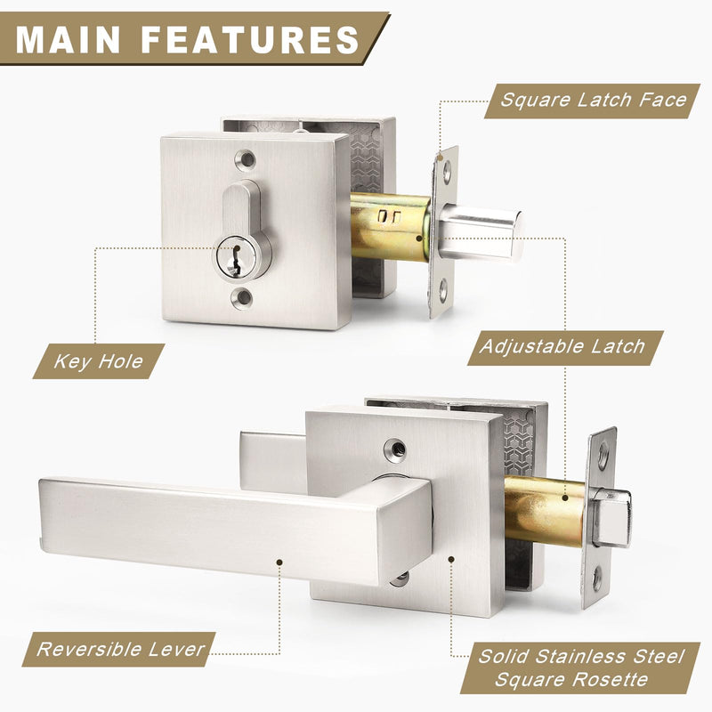 1 Pack Exterior Door Lockset with Deadbolt, Satin Nickel Passage Lever and Keyed Alike Double Cylinder Deadbolt, Reversible Square DoorHandleset for Bedroom, Front Door 1