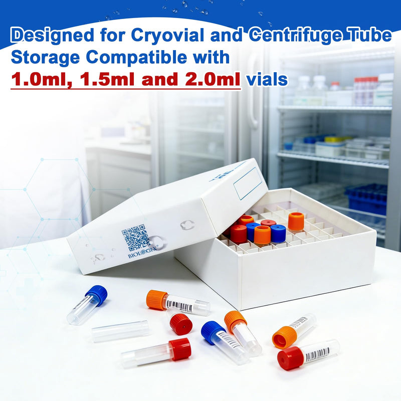 Lab Freezer Box with Plastic Coating, 2 Inch Height Cryobox, 81-Well Microtube Cryo Boxes for Lab Freezer, White, Pack of 5 2 in,81-well