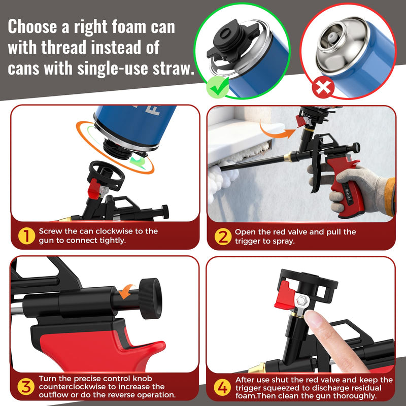 Detachable Spray Foam Gun Expanding Foam Gun Upgraded Teflon Pro Foam Dispensing Gun Insulating Foam Sealant Gun Pu Foaming Applicator for Insulation, Red