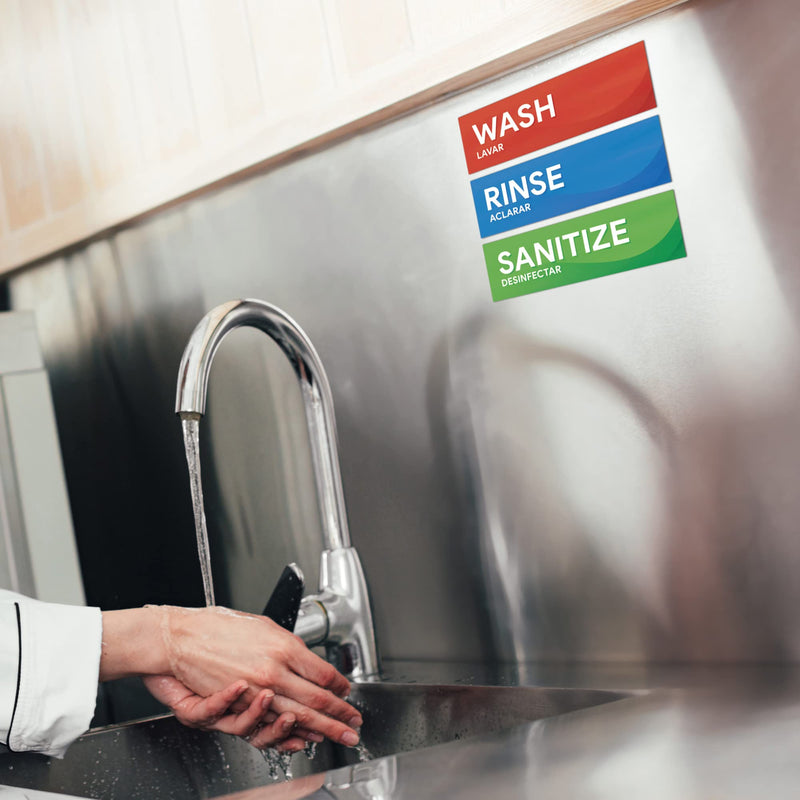 Wash Rinse Sanitize Sink Labels | 3 Compartment Sink Sticker Signs for Food Truck, Restaurant, and Kitchen Food Safety