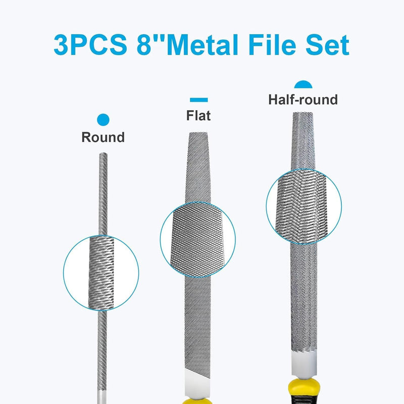 Diamond File Set, 3-Piece, 8-inch, Includes Flat/Half-Round/Round. For Sharpening Lawn Mower Blades, Garden Shears, Axe, Knife - Tool Sharpener for Metal, Tile, Ceramic, Glass, Stone and more