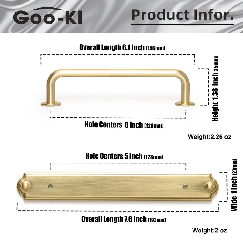 Goo-Ki 5.04" c-c Cabinet Handles Brushed Brass Solid Zinc Alloy Drawer Pulls with Plate - 2 Pack Bar Cabinet Pulls Kitchen Hardware Dresser Handles with Spacer 5.04"(128mm) Center to Center