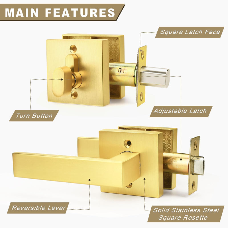 1 Pack Exterior Door Lockset with Deadbolt, Gold Passage Lever and Keyed Alike Single Cylinder Deadbolt, Reversible Square DoorHandleset for Bedroom, Front Door 1
