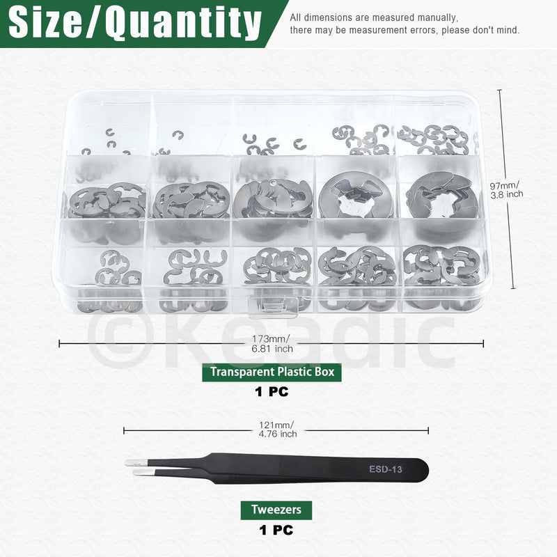 Keadic 211Pcs 14 Sizes 304 Stainless Steel E-Clip Assortment Set, M1.5/M2/M3/M4/M5/M6/M7/M8/M9/M10/M12/M15/M19/M22 Circlip External Retaining Ring Kit 304 Stainless Steel-silver