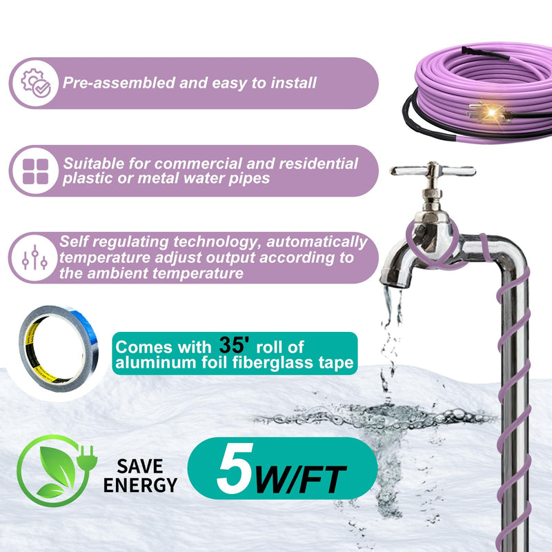 2FT Pipe Heat Cable for Pipe Freeze Protection Water Pipes Self-Regulating Heating Cable for water pipes Keeps Water Flowing at -40°F 2 Feet
