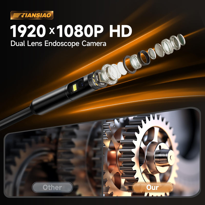 Dual Lens Endoscope Camera with Light, 1920P HD Borescope with 4.3" IPS Screen, IP67 Waterproof Inspection Camera with 8 Adjustable LEDs, 16.5ft Semi-Rigid Cable, 32GB Card-Black