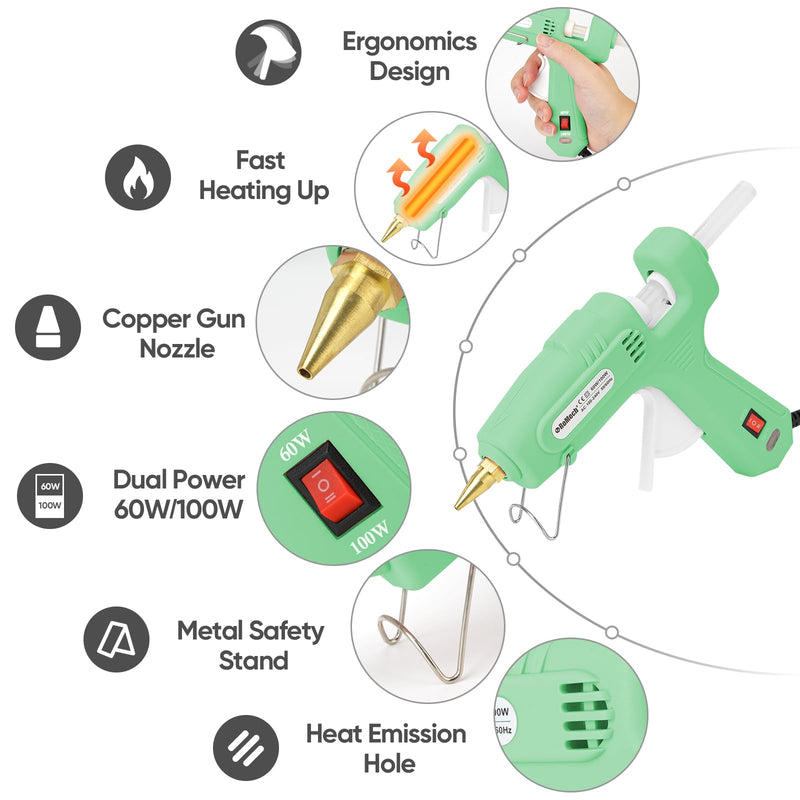 ROMECH 60/100W Dual Temp Hot Glue Gun and Sticks Set, Full Size with Case Light Green