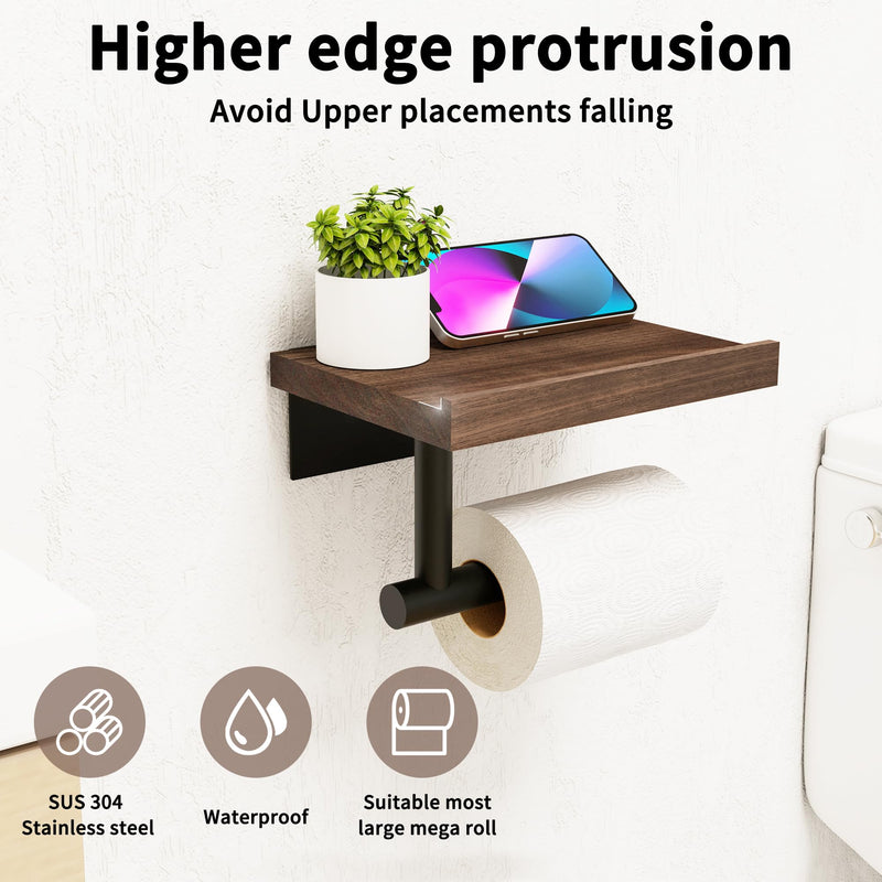 Wood Toilet Paper Holder with Wood Shelf, Wall Mount Tissue Paper Roll Holder, (Walnut) Walnut Wood & Matte Black