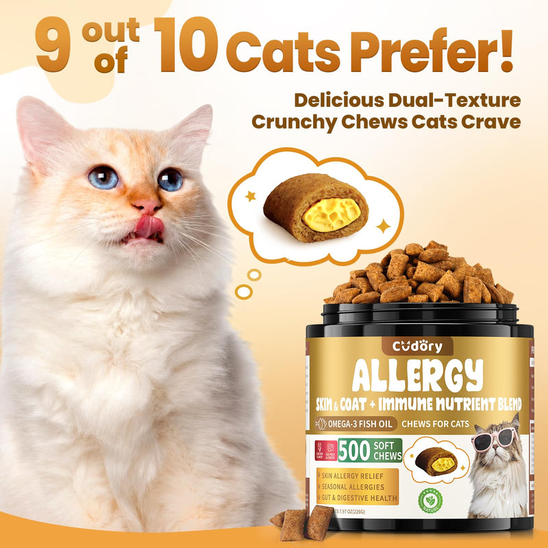 Cat Allergy Relief Chews for Cats, 500 Crunchy & Creamy Treats, Supports Itchy Skin, Paw Licking, Sneezing & Watery Eyes, Omega-3 Fish Oil + Probiotics, Immune Skin & Coat Support(90-Day Supply)