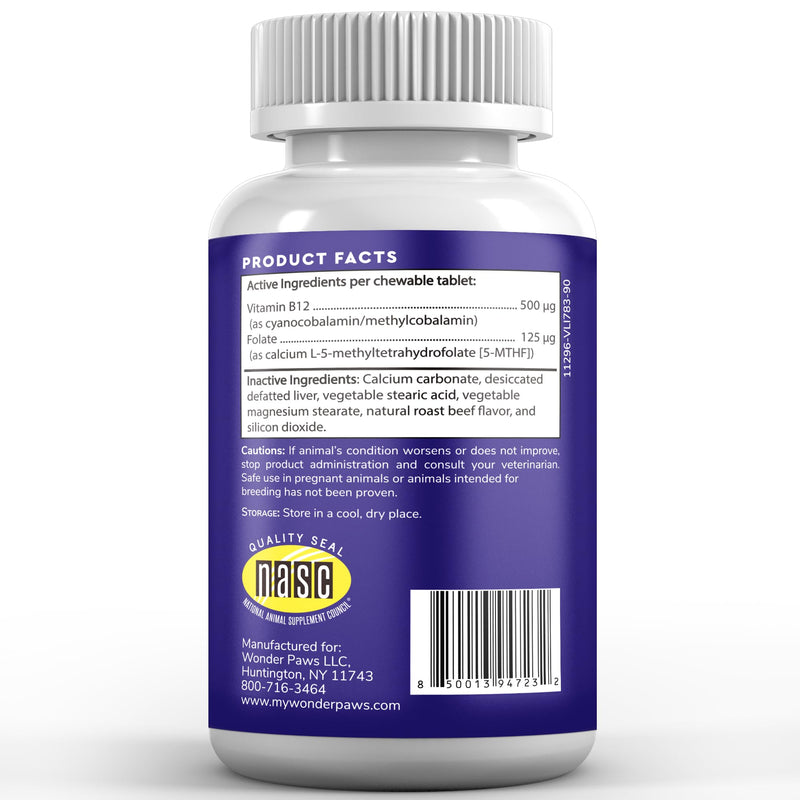 B12 Supplement for Dogs – Vitamin B-12 for Dogs of All Ages, Sizes & Breeds – Vitamin B12 for Dogs as Superior Methylcobalamin, Cobalamin & Folate (5-MTHF) – 90 Beef Flavored Chewables - PawsPlanet Australia