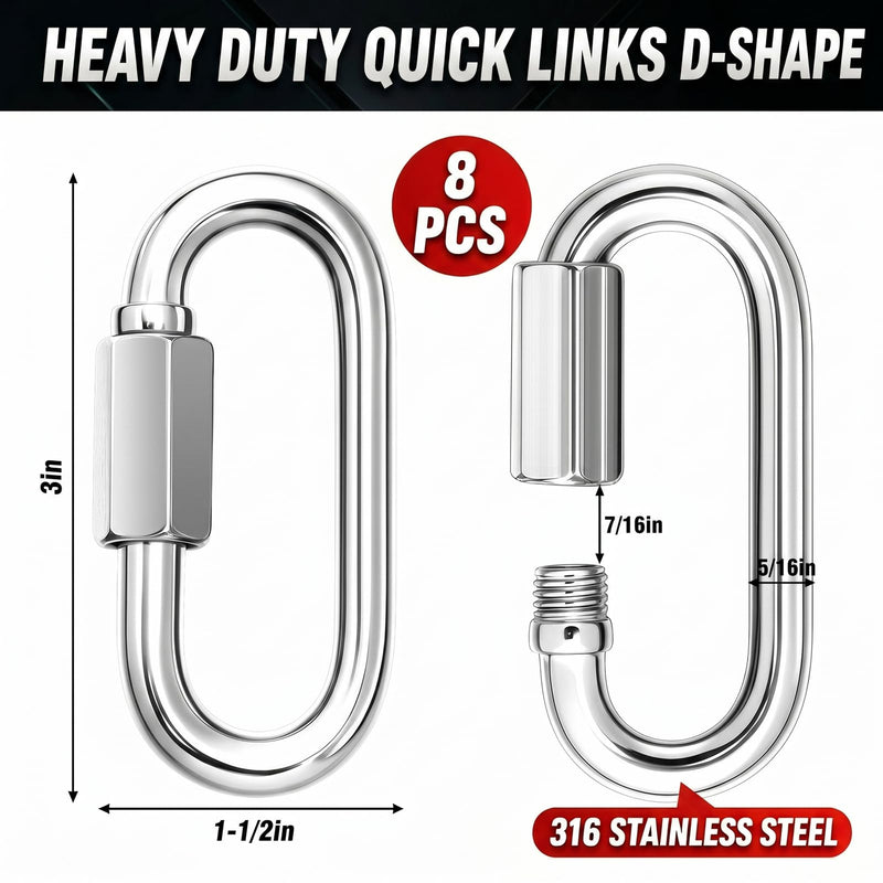 8 Pack 5/16" 316 Stainless Steel Heavy Duty Quick Links D-Shape Locking Chain Connectors 875-2300 Lbs Working Load Marine Grade Safety Links for Towing Marine Camping Industrial Use 5/16"