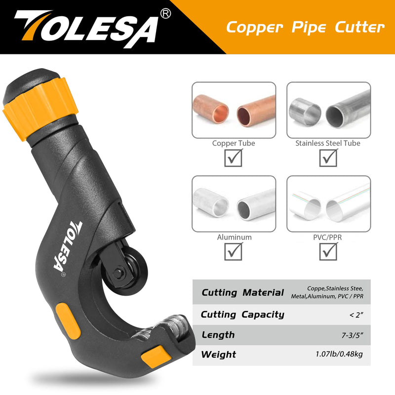 TOLESA Pipe Cutter Tool 3/16"-2" OD, Heavy Duty Metal Pipe Cutter With Deburring Tool Pipe Reamer Sharp Copper Tube Cutter Speed Cutting Tubing Cutter For Stainless Steel Aluminum Brass Pipe 2 In 1