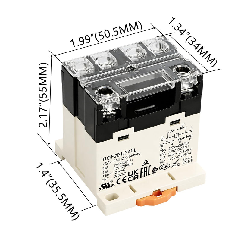 General Purpose Relay, RGF2BD740L, 25A 200-240VAC Coil Voltage, 6Pin Double Pole Single Throw Normally Open Contacts, with LED Indicator Light and Protection Cover, 35mm DIN Rail Mount 1 AC 220V