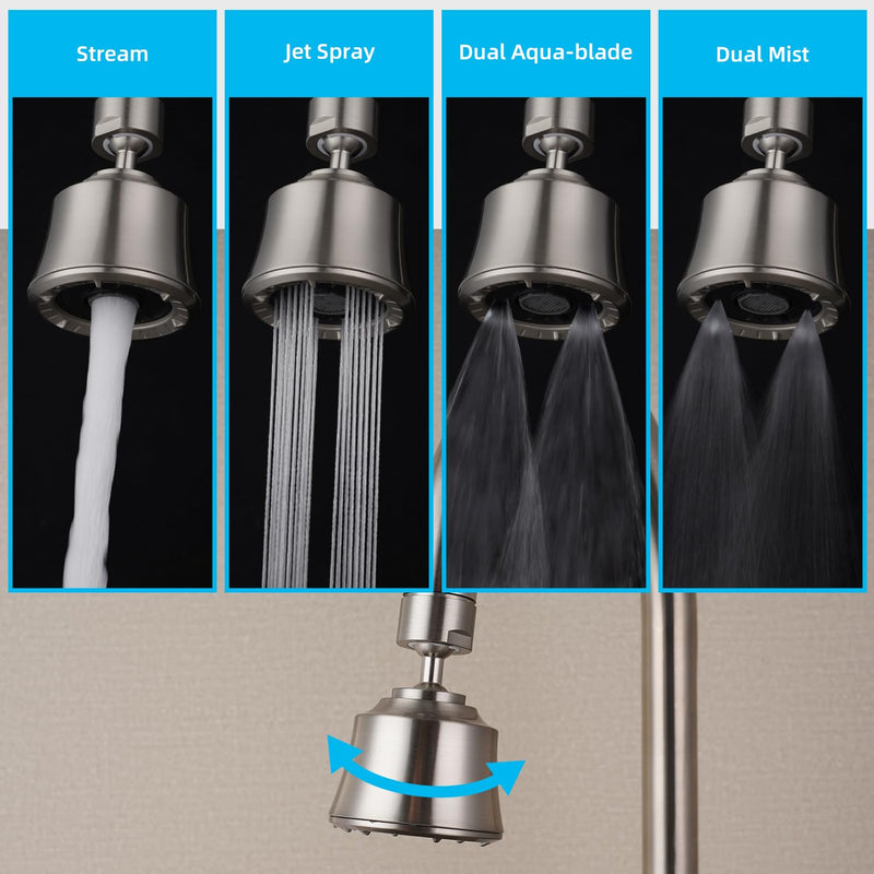 iFealClear Kitchen Sink Faucet Head, 360° Faucet Sprayer Attachment for Kitchen Faucet, Large Angle Faucet Aerator 55/64-27UNS, 2 Metal Swivel Joints, 4 Spray Modes, Brass Adapters, Brushed Nickel 2 Swivel Joints Brushed Nickle