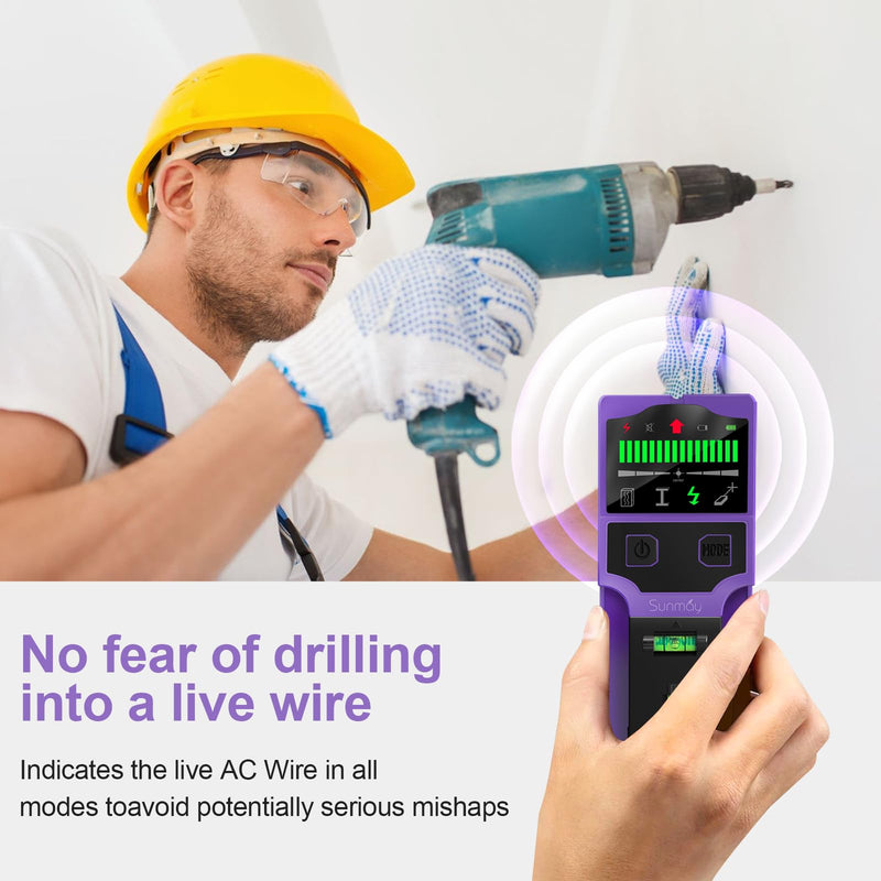 SUNMAY Stud Finder for Walls, 7-in-1 Wall Scanner with Upgraded Intelligent Chip for Wood Metal Studs, Live AC Wires, Joists and Pipes, HD LCD Display, Voice Alerts and Accurate Positioning