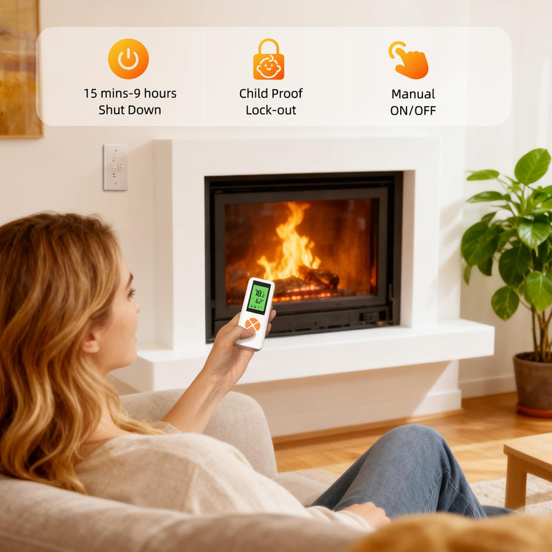 Fireplace Thermostat Remote Control Kit, for Millivolt Gas Valve & Electronic Ignition Systems, 65ft Range, LCD Display, ON/AUTO/Off Modes, Timer & Child Lock Function