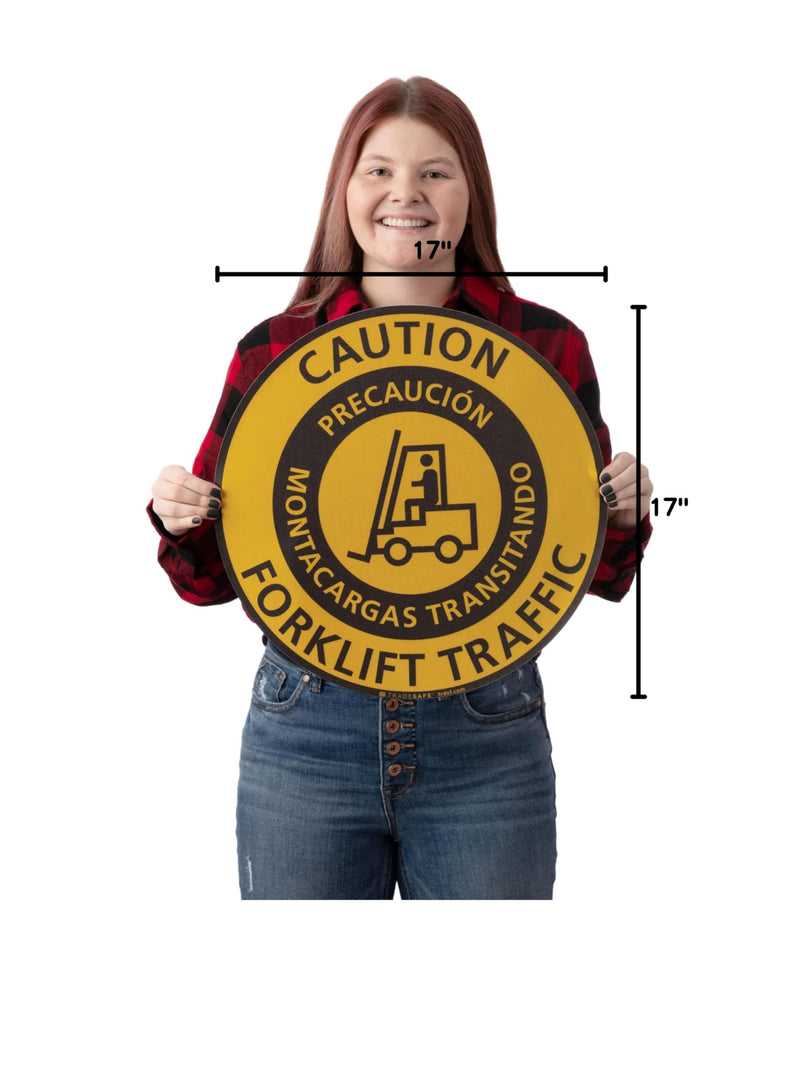 TRADESAFE Bilingual Caution Forklift Traffic Anti-Slip Floor Sticker - Precaución Montacargas Transitando Caution Sign, Peel and Stick Adhesive Vinyl Sign, ANSI-Compliant, 17” Diameter Round Sticker - NewNest Australia