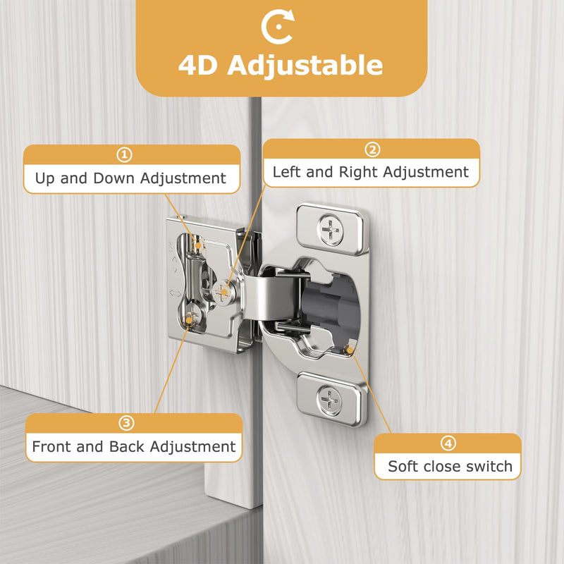 Furniware 2 Pieces 1/4" Small Overlay Concealed Face Frame Hinges, 105° Open Angle 4 Level Soft Close Screw On Compact Cabinet Hinge,for Face Frame Door, Soft Close On/Off Switch, Self Closing 1/4 Inch - NewNest Australia