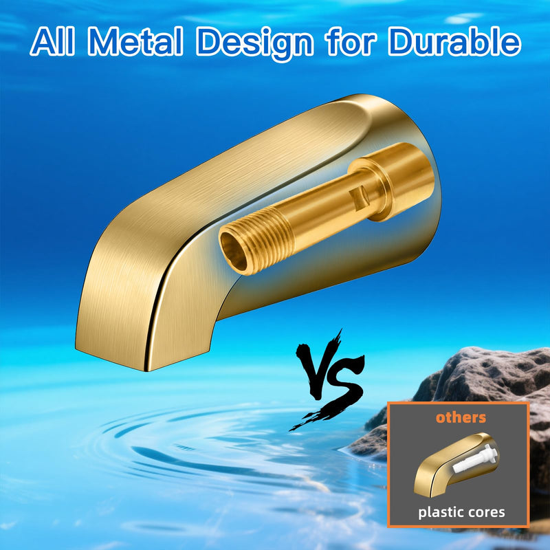 Brushed Gold Bathtub Spout Without Diverter, All Metal,5.3 Inch Tub Spout, Fits 1/2" Copper Slip-On and 1/2" or 3/4" IPS Threaded Pipes, Leak-Free, Slip Fit Tub Spout Without Diverter Brushed Gold