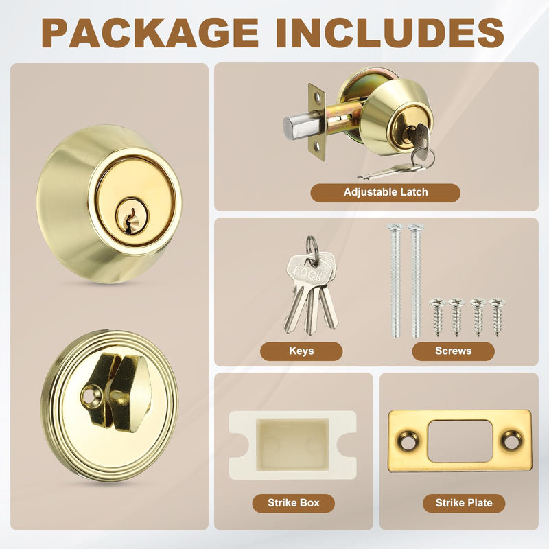 MECCANIXITY Keyed Alike Single Cylinder Deadbolt Door Lock Round Entry Front Door Handle Sets for Door Thickness 1.2-2 Inch (Gold Tone, Pack of 2) Gold Tone