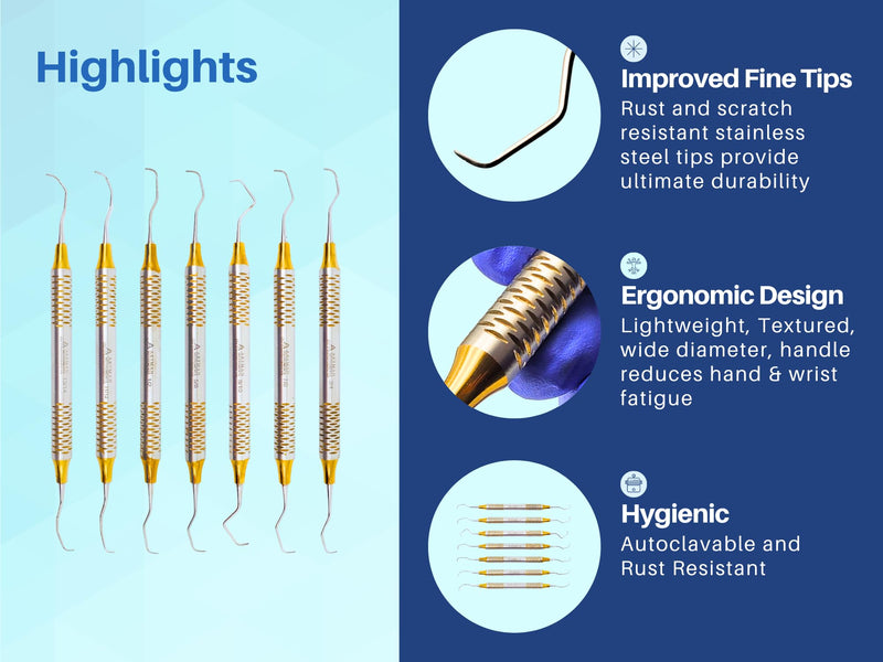 Gracey Curettes Set (7 Pcs) Most Common Sizes Gold Plasma Coated by Wise LINKERS