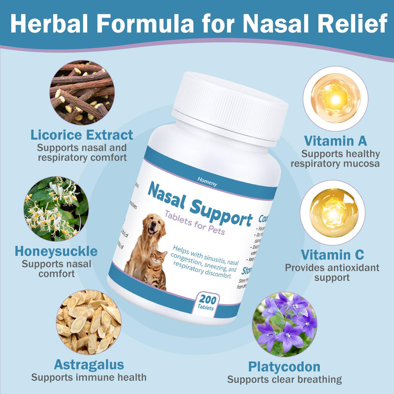 Nasal Congestion Relief for Cats and Dogs, Sinus Support Supplement for Pets, Congestion and Sneezing Relief & Clear Breathing Respiratory Comfort, Natural Formula for Cats and Dogs 200 Tablets