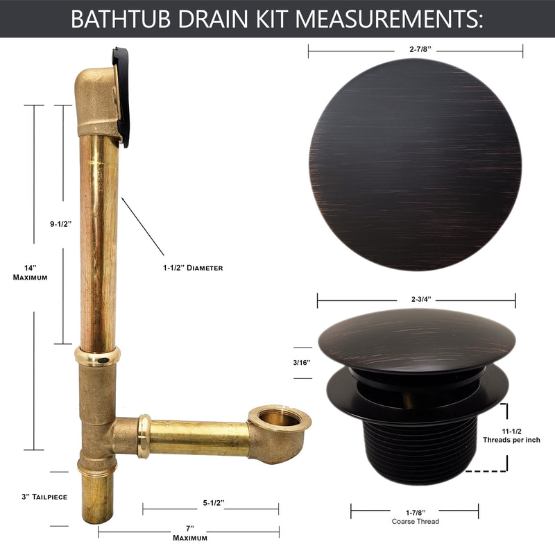 Westbrass D325H-12A European Tip Toe Bath Waste Drain Kit with Illusionary Faceplate, 14" Make-Up, 17 Ga., Antique Bronze