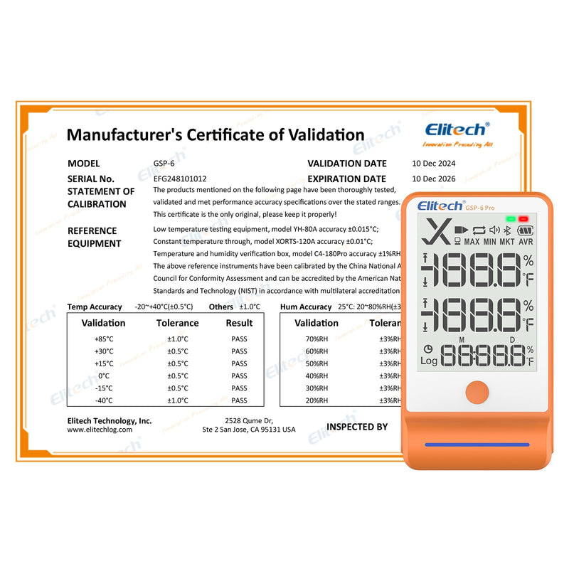 Elitech Bluetooth Hygrometer Thermometer Data Logger Temperature Humidity with Shadow Data 100000 Points Data Storage Export, Pharmacy Vaccine DDL Calibration Certificate, MAX MIN AVR MKT GSP-6Pro GSP-6Pro, T&H Probe 1