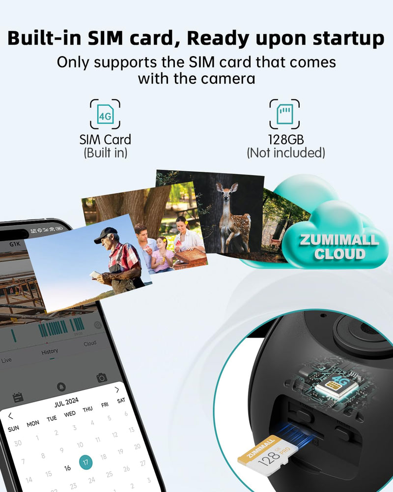 ZUMIMALL 4G LTE Cellular Solar Security Cameras Wireless Outdoor, 3MP No WiFi Cameras for Home Security, 360° Live View, 2K Color Night Vision, PIR Motion Sensor, 2 Way Talk, Built in SIM Card Black - 4G LTE Solar Cam