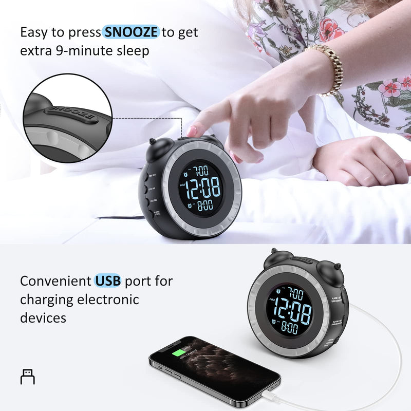 uscce Loud Dual Alarm Clock with Bed Shaker - 0-100% Dimmer, Vibrating Alarm Clock for Heavy Sleepers or Hearing Impaired, Easy to Set, USB Charging Port, Snooze, Battery Backup Black