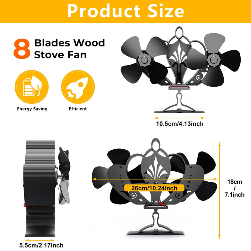 Wood Stove Fan, 8 Blades Heat Powered Fan with Magnetic Thermometer