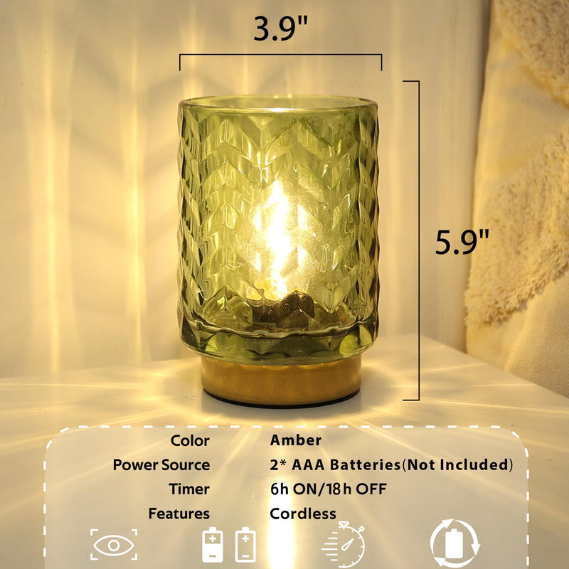 Battery Operated Lamp with Timer, Small Table Lamp with LED Bulb, Glass Cordless Lamps Beside Table Light for Living Room, Bedroom, Entryway Wave Design-Grey Wave-Green