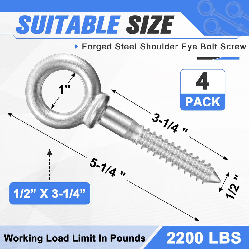 LEIFIDE 4 Pcs Forged Steel Shoulder Eye Bolt Screw, Hot-Dipped Galvanized Forged Hook Screw Eye Bolt for Anchoring Chain and Wire Rope, 2, 200 Lbs Working Load Limit (1/2" X 3-1/4") 1/2" X 3-1/4"