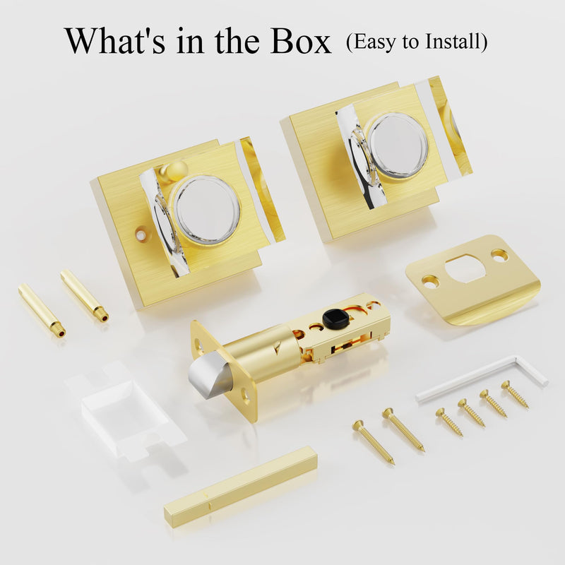 Brushed Gold Door Knob Privacy Crystal Glass Interior Lock, Satin Brass Modern Square Bedroom Bathroom Lockable Door Handle 1 Pack Privacy