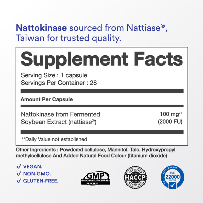 Nattiase® Nattokinase 2000FU | Supports Heart Health & Smooth Circulation| GMP Certified| 28 Veg Capsules (Pack of 1)
