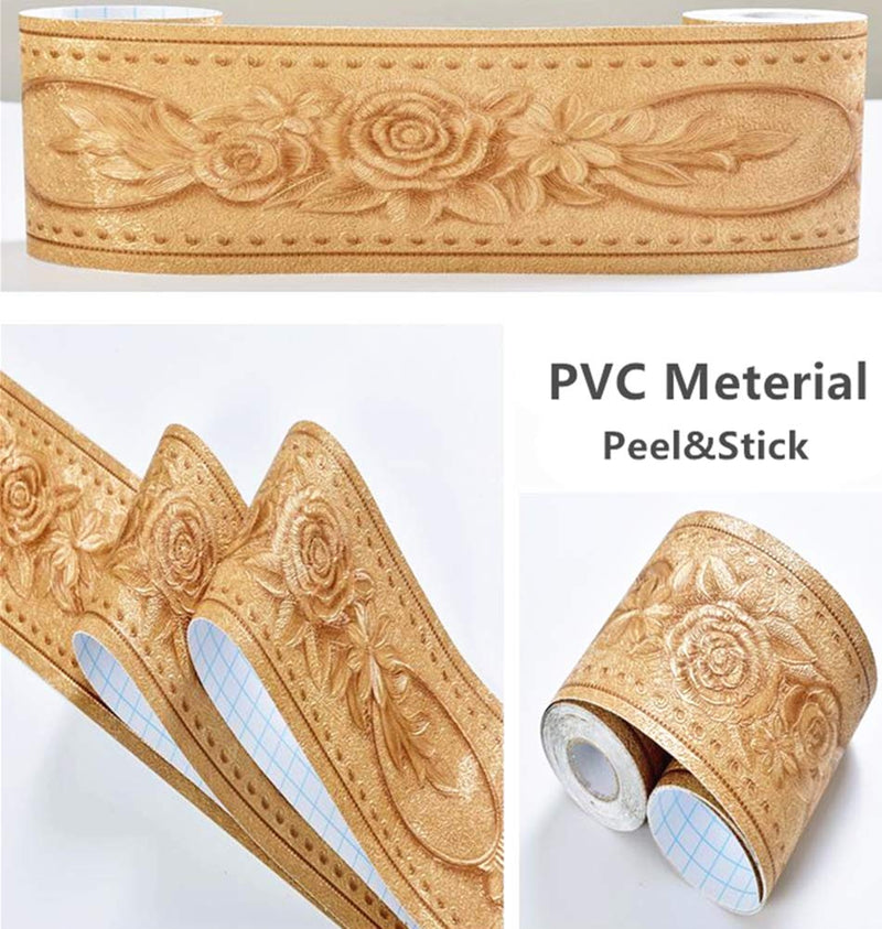 REDODECO 3D Flower Pattern Molding Peel Stick Wall Border for Home Decor Bathroom Kitchen,4 inch by 16.4 feet(Gold) Gold