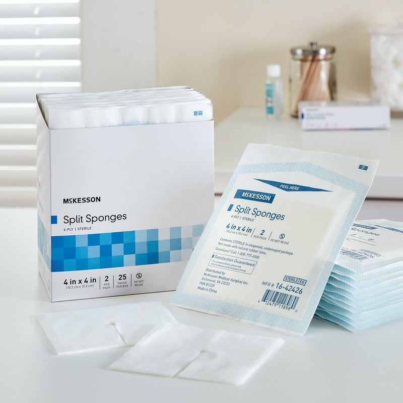 McKesson Split Sponges, 6-Ply Sterile, I.V. and Tracheostomy Dressings, Polyester/Rayon Blend, 4 in x 4 in, 2 Boxes, 25 Packs per Box, 2 per Pack, 100 Total