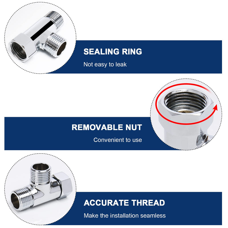 NearMoon Solid Brass G1/2" 3 Way Diverter Valve - Hose Fitting Tee, T Shape Adapter Connector for Angle Valve Hose, Bath Shower Arm, and Toilet Bidet Sprayer Faucet (Chrome Finish) Chrome Finish