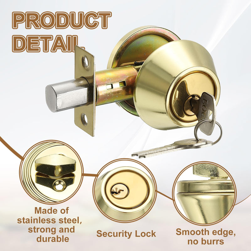 MECCANIXITY Keyed Alike Single Cylinder Deadbolt Door Lock Round Entry Front Door Handle Sets for Door Thickness 1.2-2 Inch (Gold Tone, Pack of 2) Gold Tone