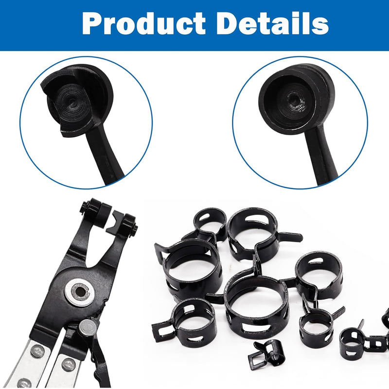 Tnisesm 121Pcs 7-22mm Spring Hose Clamp Assortment kits with Swivel Flat Band Fuel Hose Clamp Plier, Silicone Vacuum Hose Action Pipe Clamp Low Pressure Air Clip Clamp hoses clamps sleeving(Black) Black