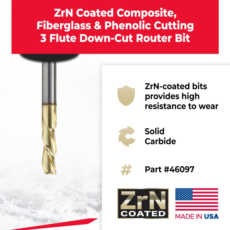 Amana Tool CNC Solid Carbide Up-Spiral Router Bit for Composite, Fiberglass, Phenolic, ZrN Coated, 46097, 1/4 Dia x 3/4 x 1/4 Shank x 2-1/2 Inch Long