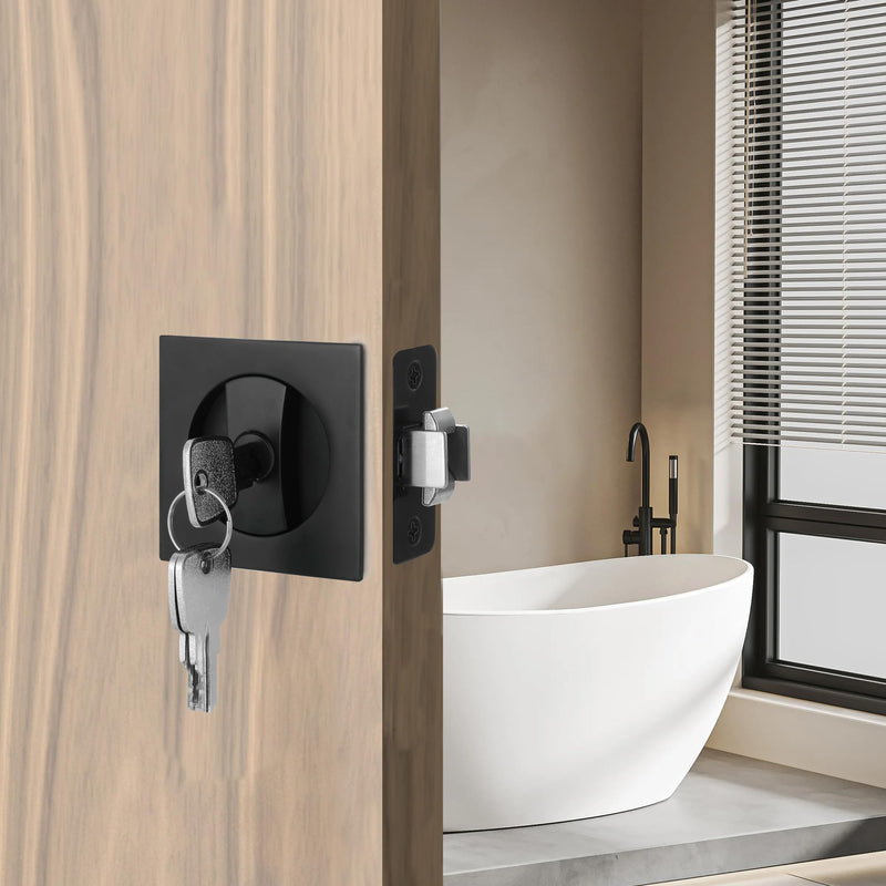 Pocket Door Lock with Key, Matte Black Pocket Door Hardware Square Door Lock for Privacy Sliding Door Bifold Door Locks Pocket Door Pull Handles Replacement Hardware Entry (with Key) -Square