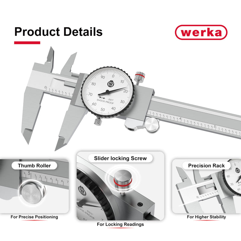 werka Dial Caliper 6 Inch, Shockproof Dial Caliper Measuring Tool with 0.001" Precision Micrometer Caliper with Custom Case, 4-Way Measurement, Stainless Steel 0-6x0.001"
