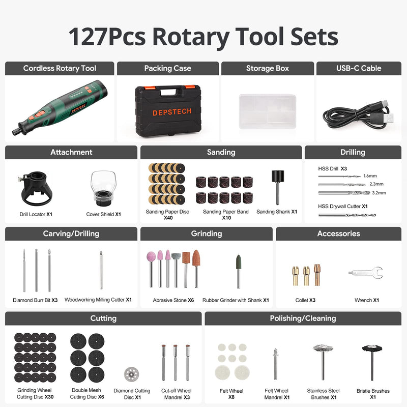 DEPSTECH Cordless Rotary Tool Kit, 8V 2.0Ah Rechargeable Battery, 30000RPM 5-Speed Multi Power Carving Tools, 127Pcs Accessories, Shield Attachment, Cutting/Drilling Guide for Handmade/DIY Creations DC08