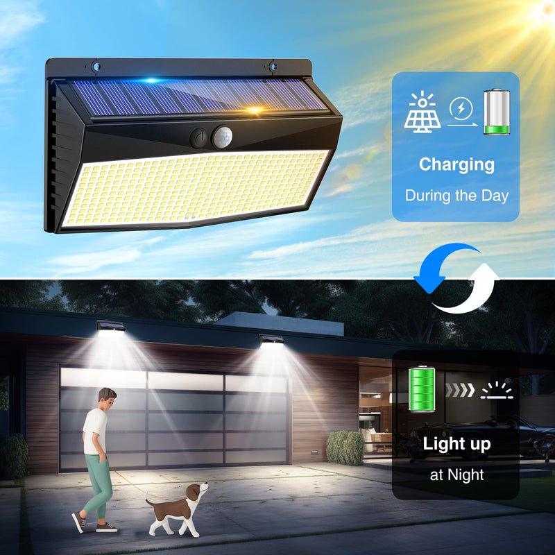 368 LED Solar Lights Outdoor Motion Sensor, Solar Fence Lights with 3 Lighting Modes, Solar Powered Security Lights Waterproof for Outside Yard Wall Garden Backyard Garage Black 1 Pack