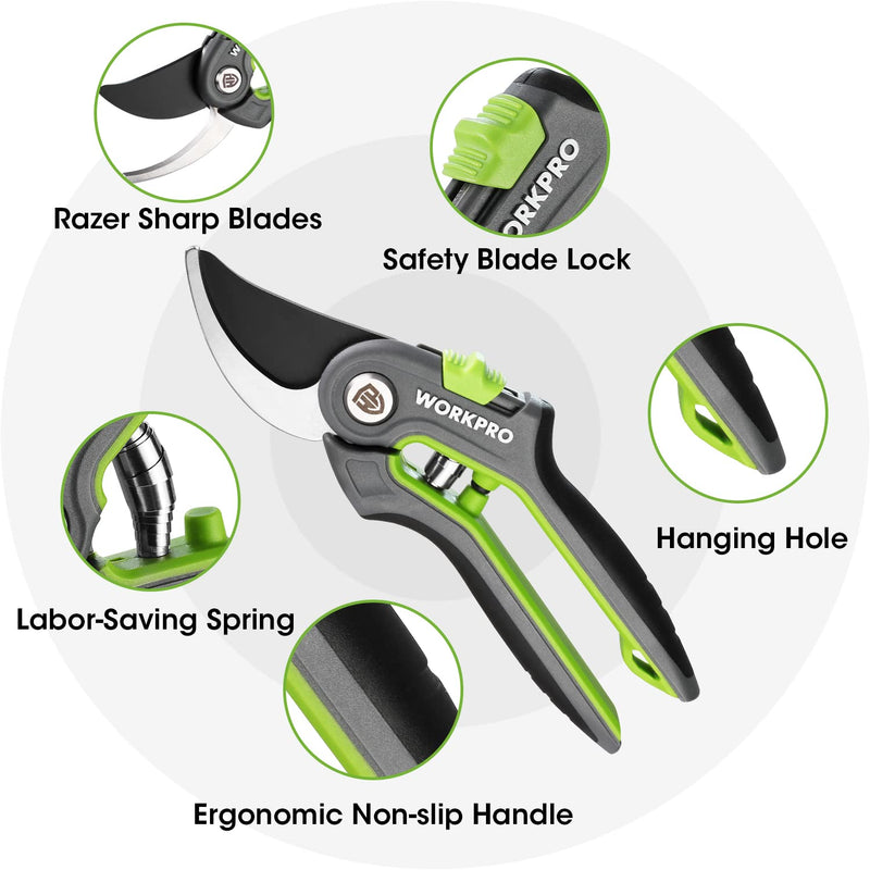 WORKPRO Garden Pruning Shears 2 Pack, 8" Bypass Pruning Shears and 6.25" Straight Garden Scissors, Premium Plant Shears, Garden Clippers Hand Tools for Cutting Flowers, Trimming Plants, Picking Fruits 2PCS Pruning Shears