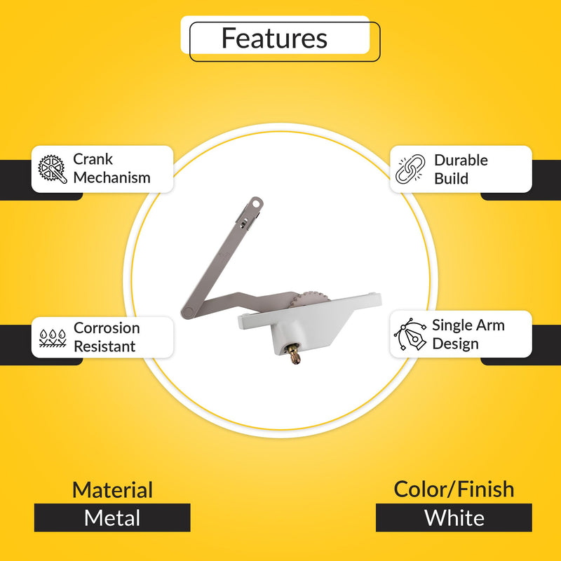 Brixwell Dyad Casement Window Operator Left Hand, White Finish, Metal Truth Style Dual Arm Mechanism, 5" Base, 6-11/16" Arm Length, Fit Awning Window Operator, Truth Window Crank, and Casement Systems