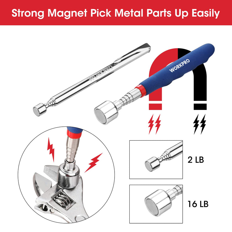 WORKPRO 4PC Telescoping Magnetic Pick Up Tool Kit, Includes Telescoping Inspection Mirror, 2PC Magnetic Pick Up Tool And Four Claw Grabber Tool, Pick Up Grab Tool Set For Auto Repair